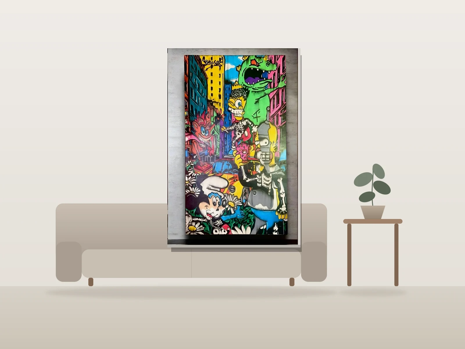 13owser-street art -mix toon by 13owser shown to scale in a room