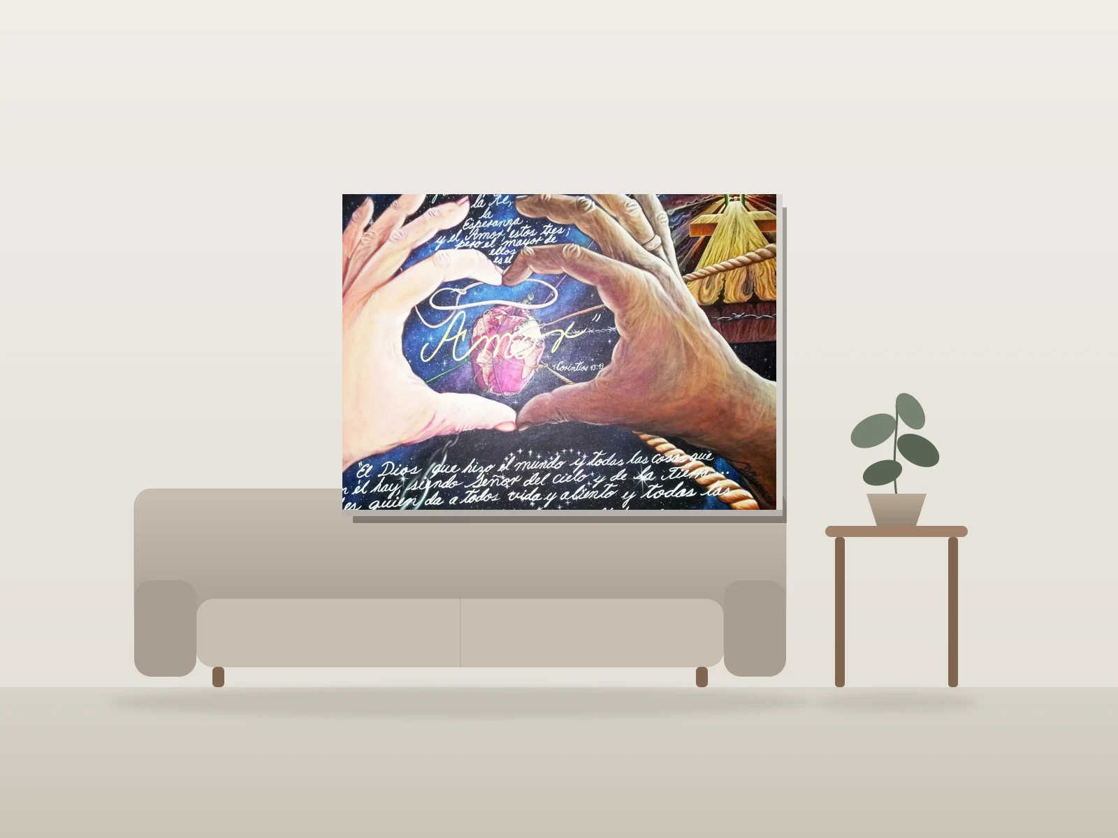 " AMOUR, ESPOIR ET FOI" by DUNI DTB shown to scale in a room