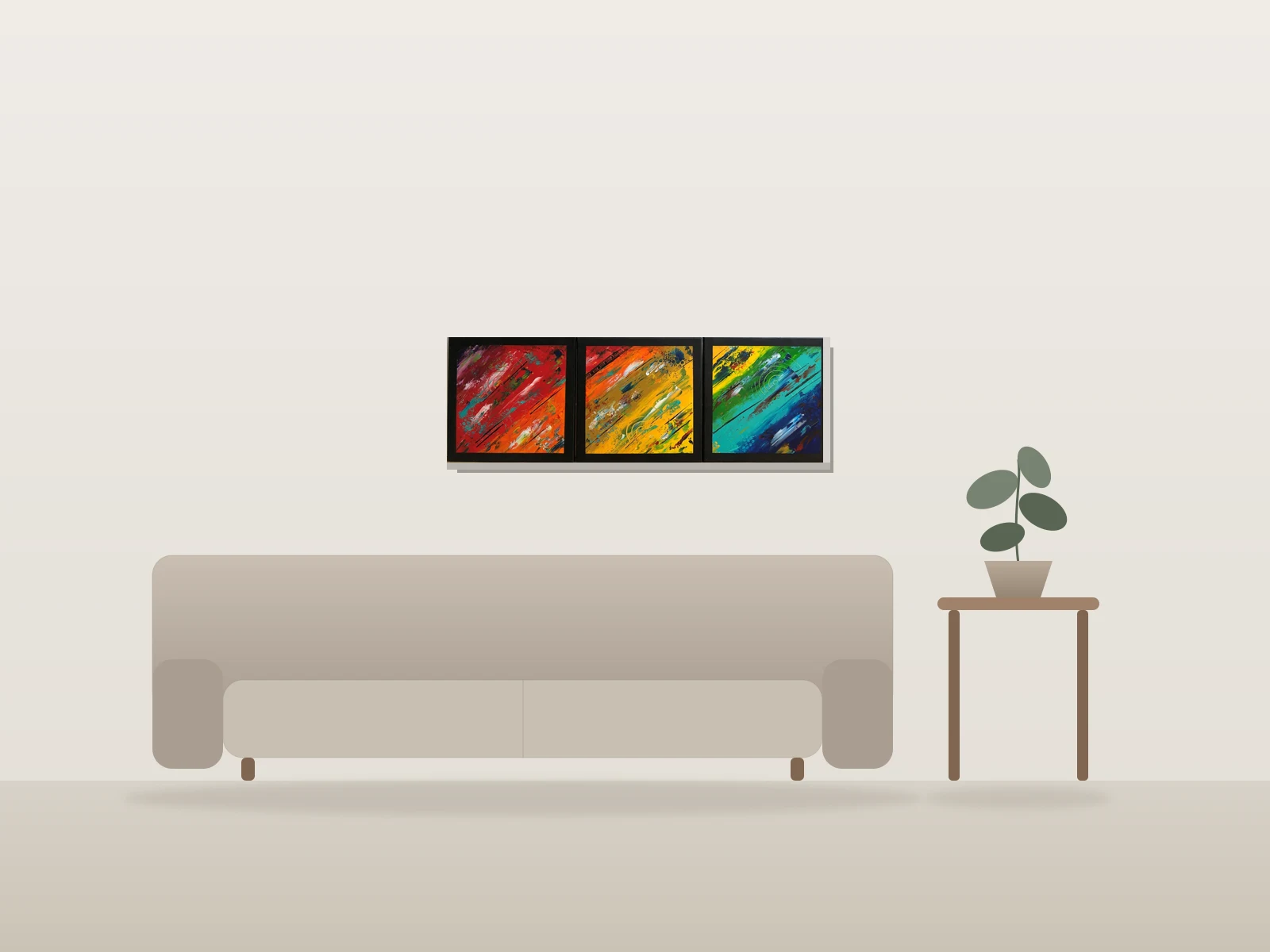 Framed Rainbow, Triptych par Rim présentée à l'échelle dans une pièce