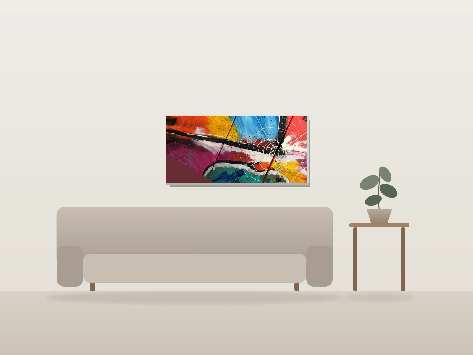 Radio, Triptych by Rim shown to scale in a room