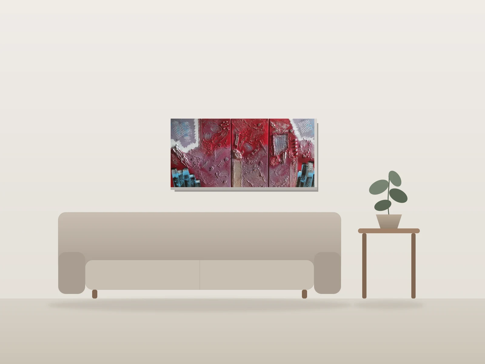 Maya, Triptych par Rim présentée à l'échelle dans une pièce