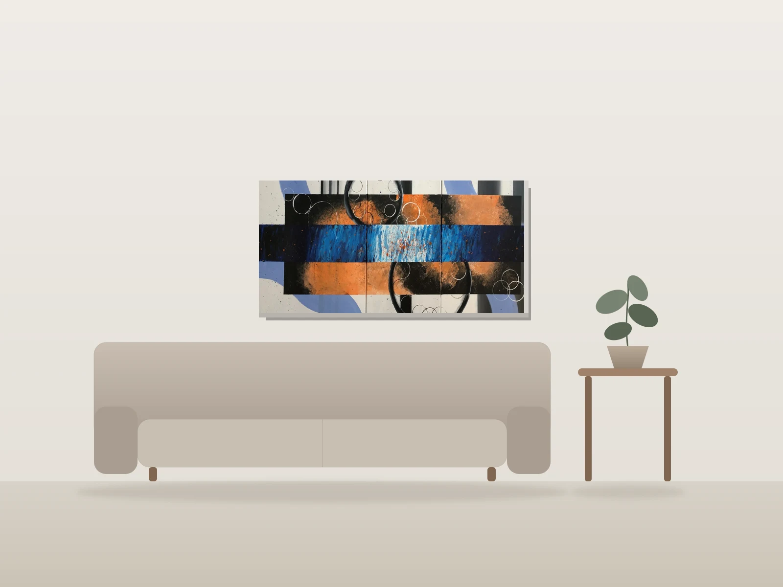 Orion, Triptych by Rim shown to scale in a room