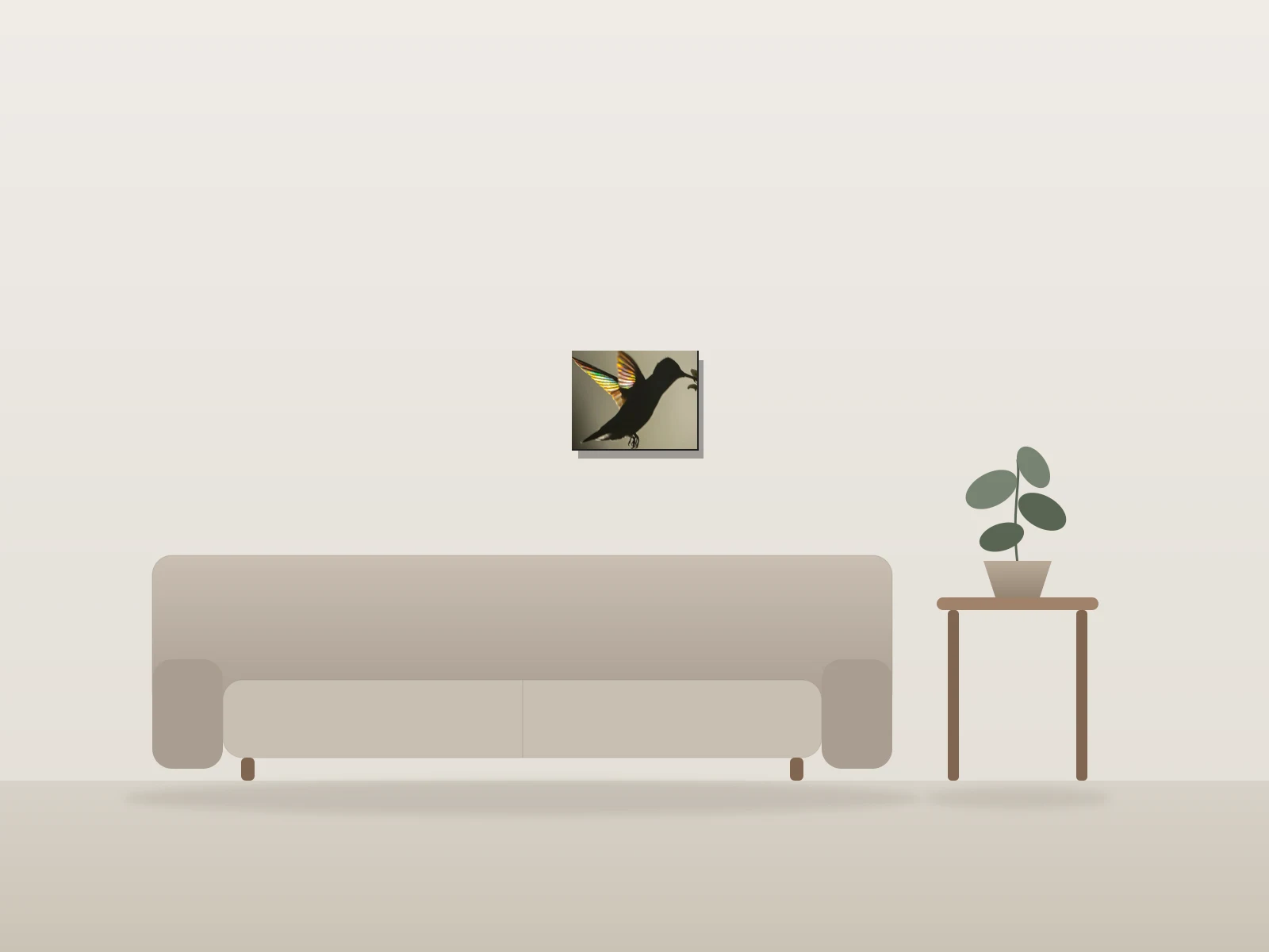 Un colibri aux ailes arc-en-ciel by Martography shown to scale in a room