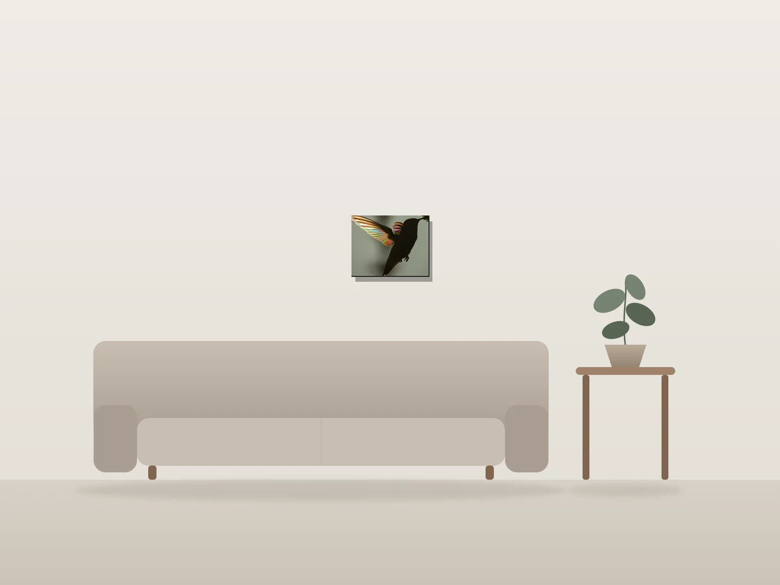Un colibri aux ailes arc-en-ciel by Martography shown to scale in a room