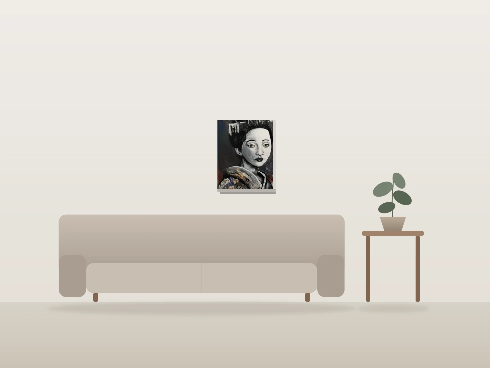 Geisha par Patjalbertartiste présentée à l'échelle dans une pièce