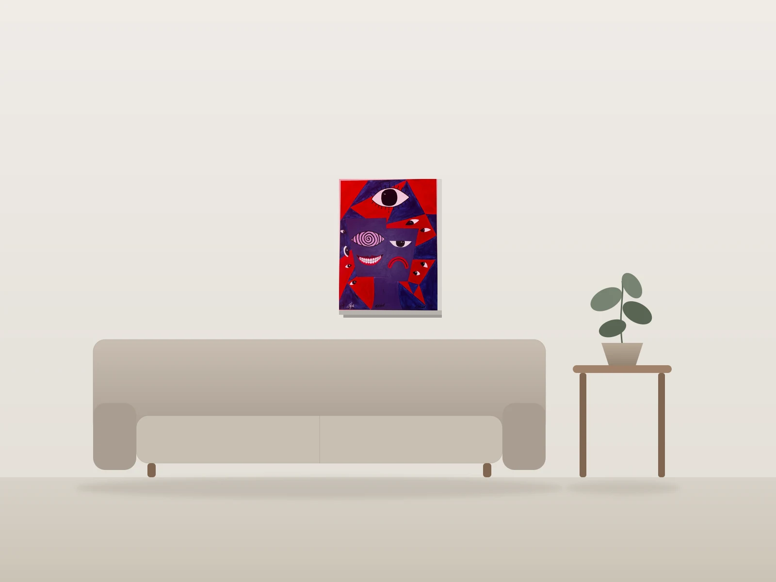 Les Visages de la Conscience by Césart shown to scale in a room