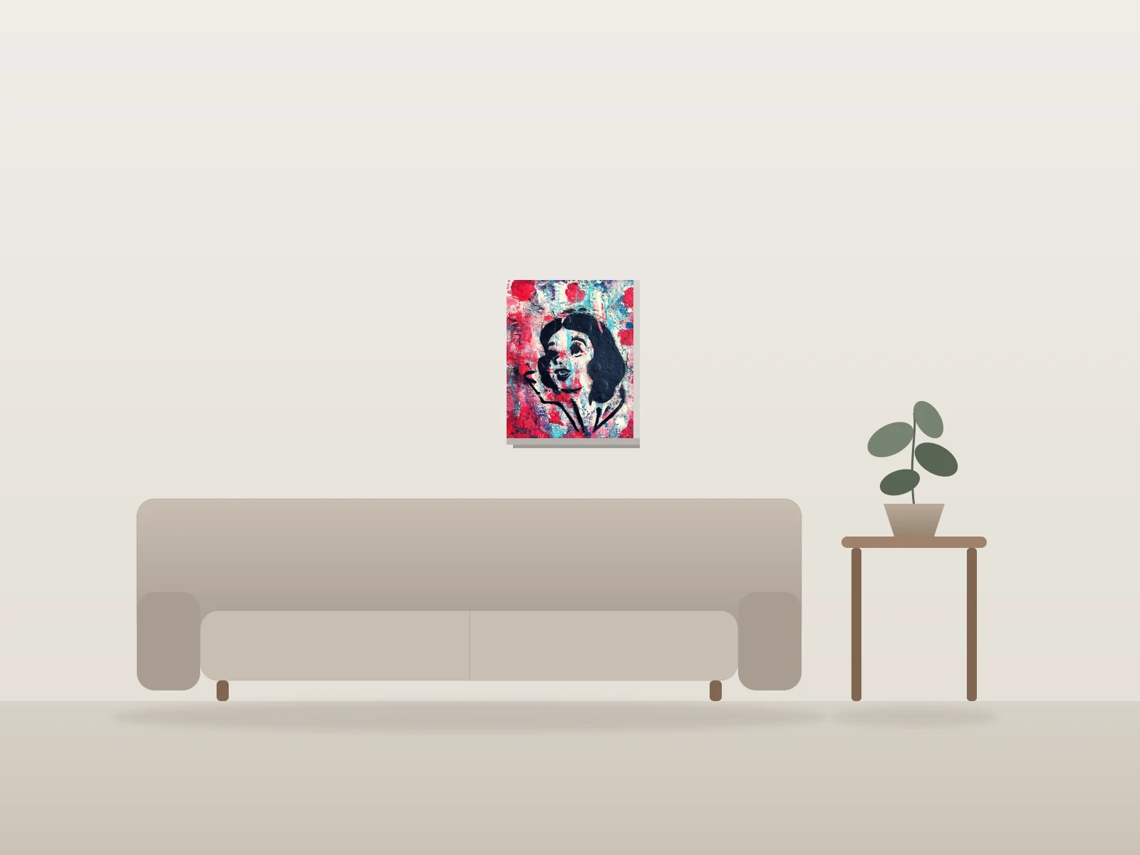 Snow White Looking Up by Miles Phillips shown to scale in a room