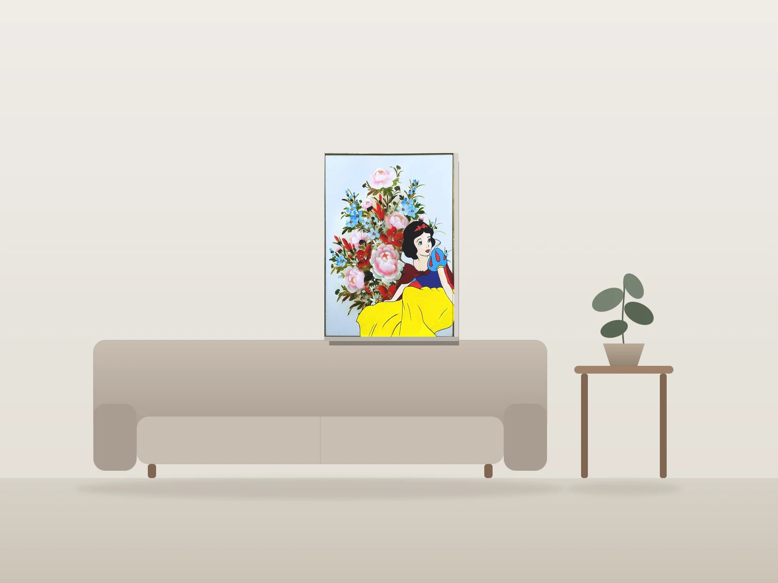 Snow White avec des Fleurs by Miles Phillips shown to scale in a room