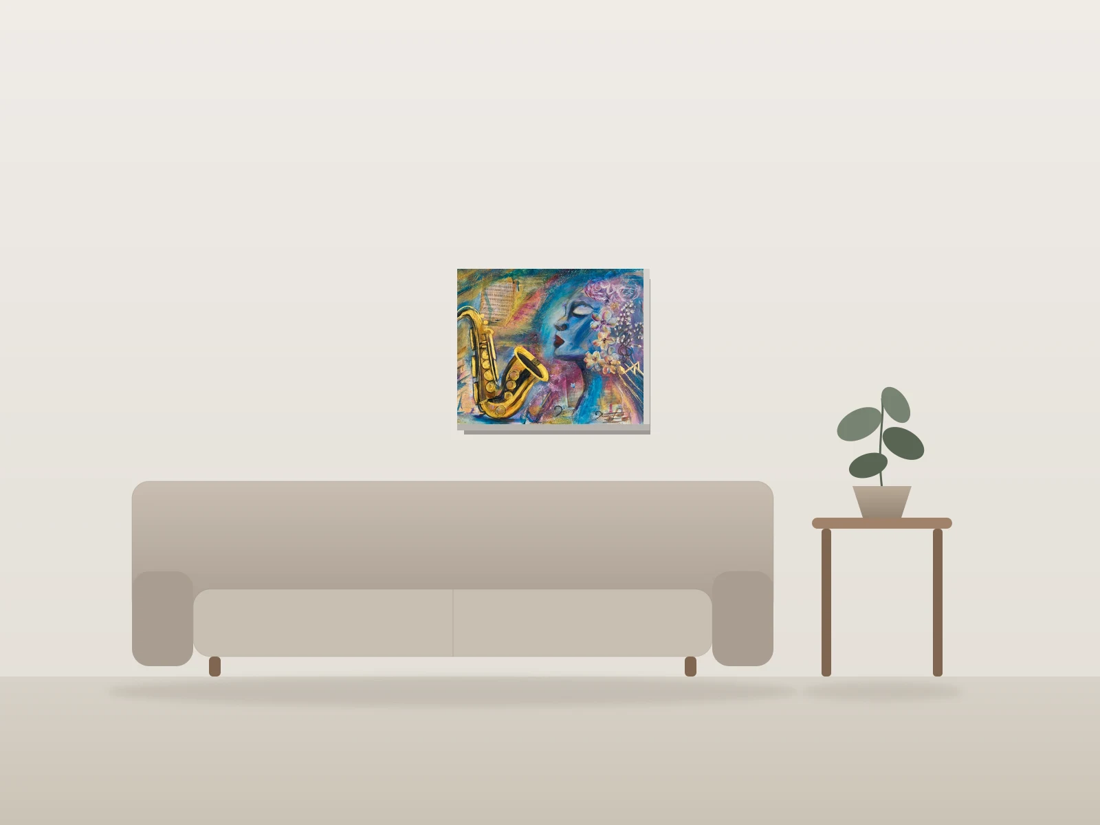Saxophone Dream by Elizabeth Redfearn shown to scale in a room