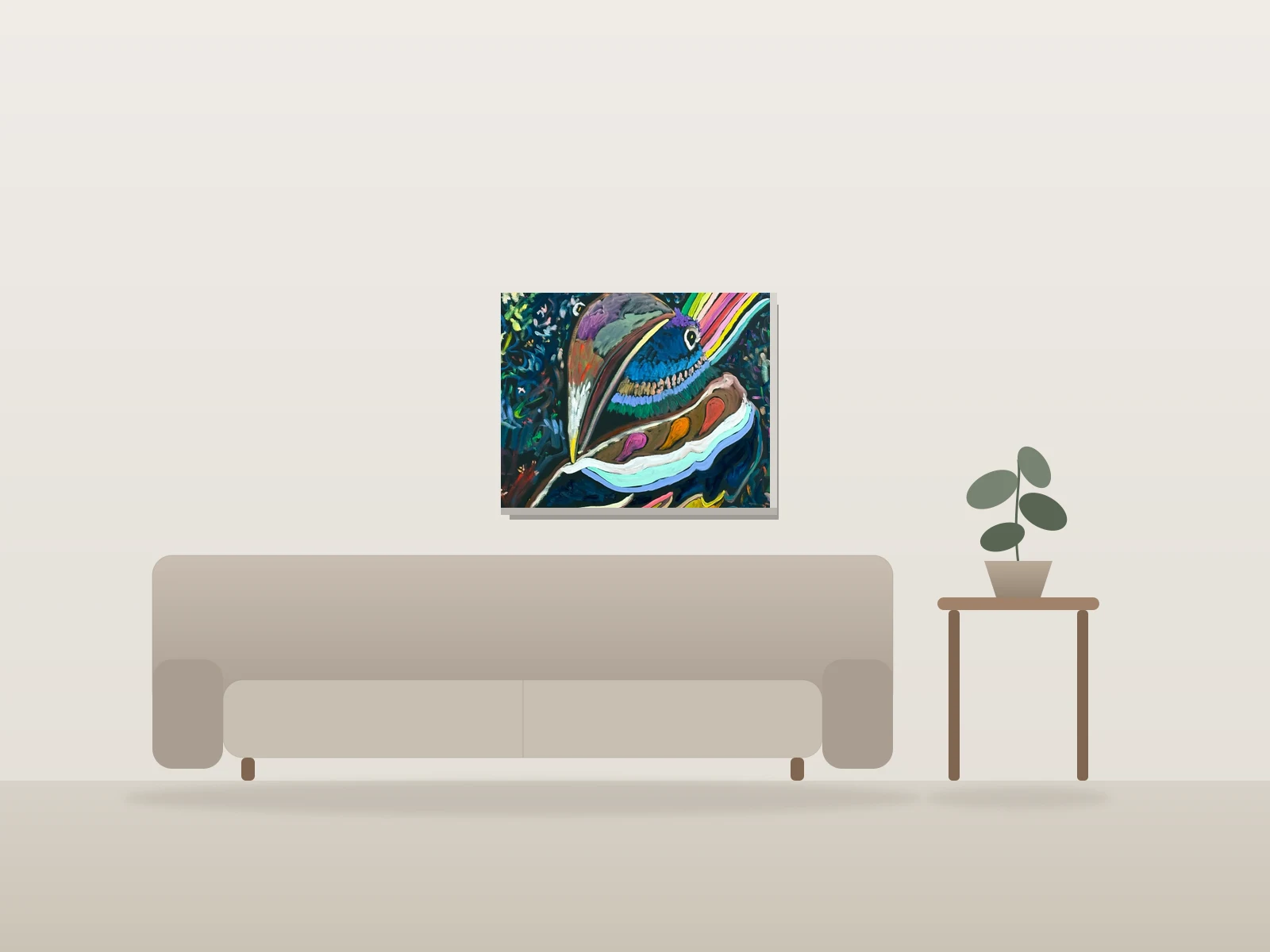 Toucan King On The Prowl par Charles Edelman présentée à l'échelle dans une pièce