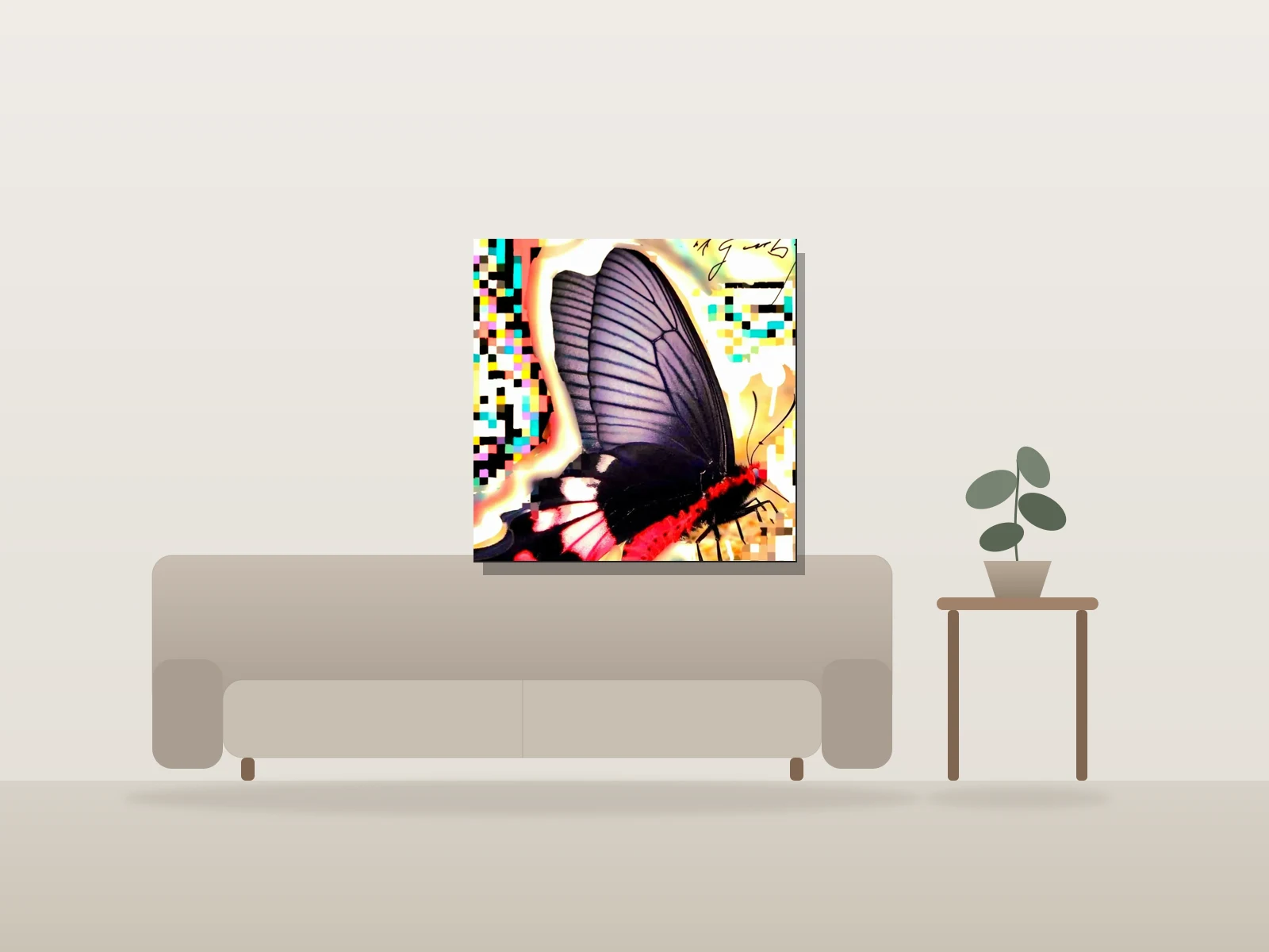 Digital Print 1/1 by Mike Ojeda Garibay shown to scale in a room