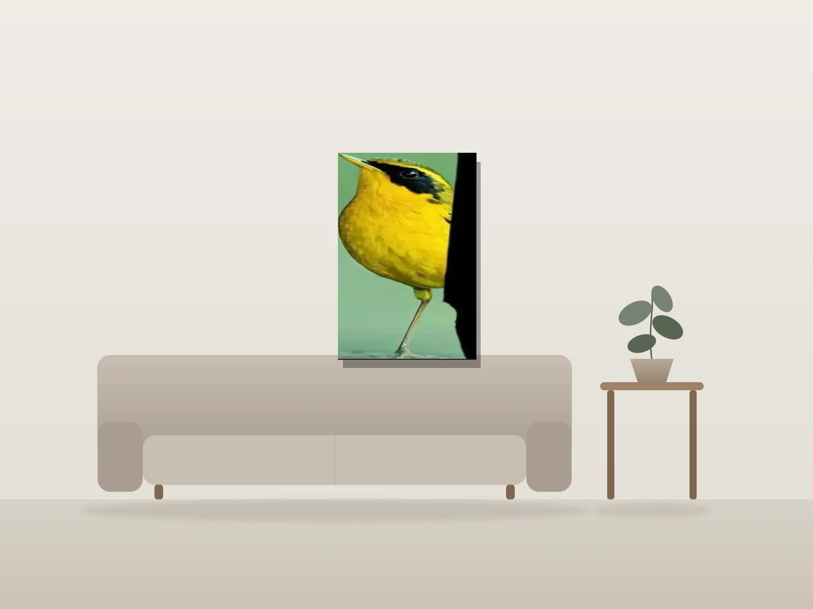 Bird Break by Mike Ojeda Garibay shown to scale in a room