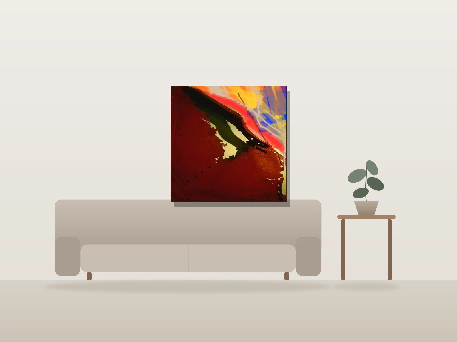 Breaking Through Red by Mike Ojeda Garibay shown to scale in a room