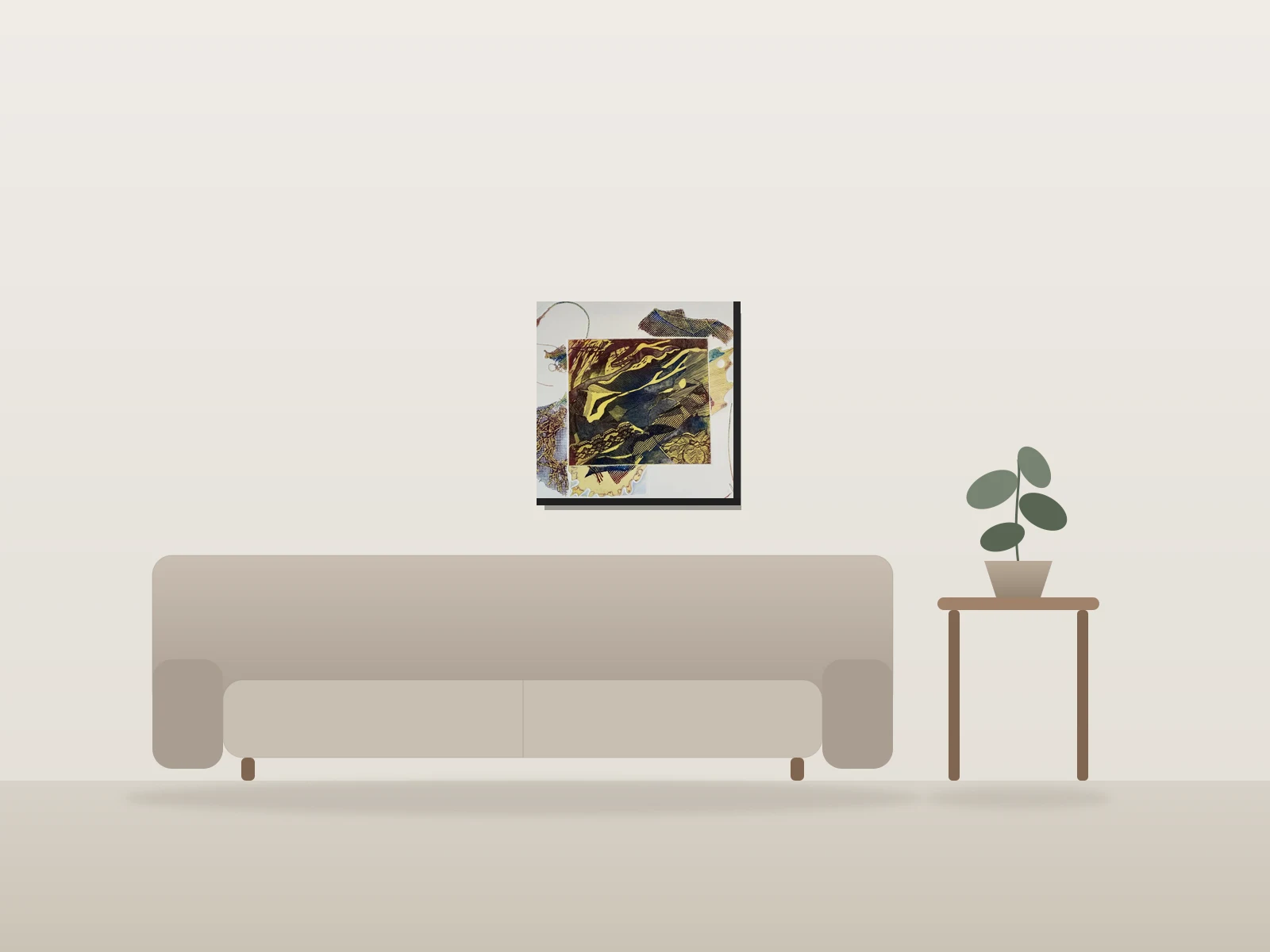 Embroidering Illusions by Gloria Martínez shown to scale in a room