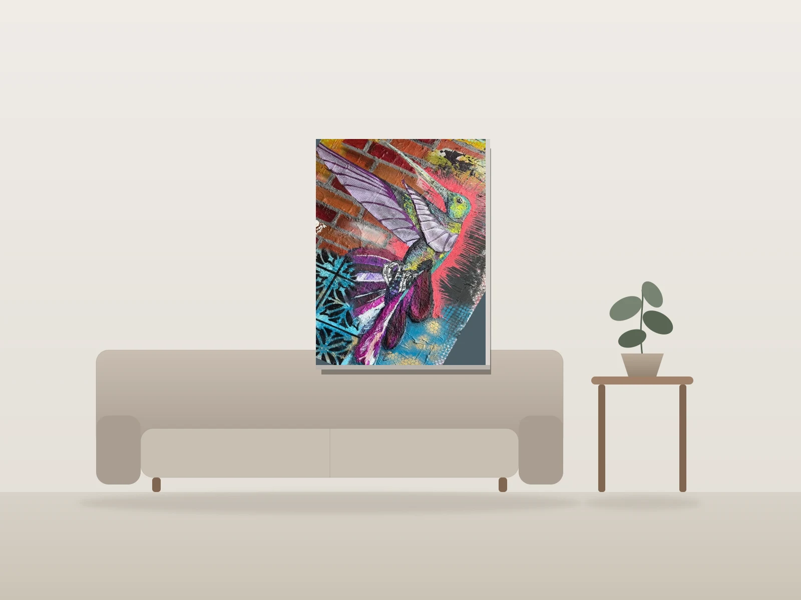 Brick and bloom by Tray Corley shown to scale in a room