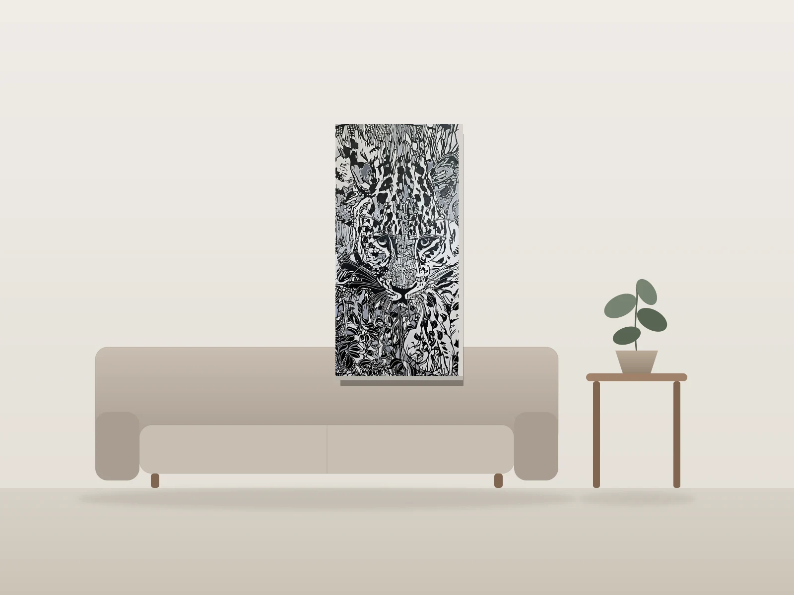 Le chuchotement du jaguar by Ramona Marquez-Ramraj shown to scale in a room