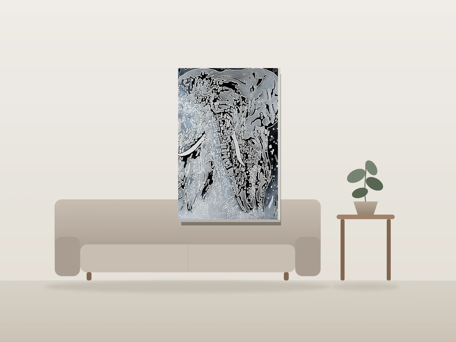 Les Éléphants dans la brume by Ramona Marquez-Ramraj shown to scale in a room
