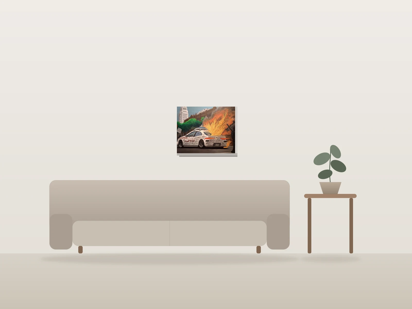 Driverless AI Spy Car burning up in L.A. Anti-ICE Protest, by Richard Herrera shown to scale in a room