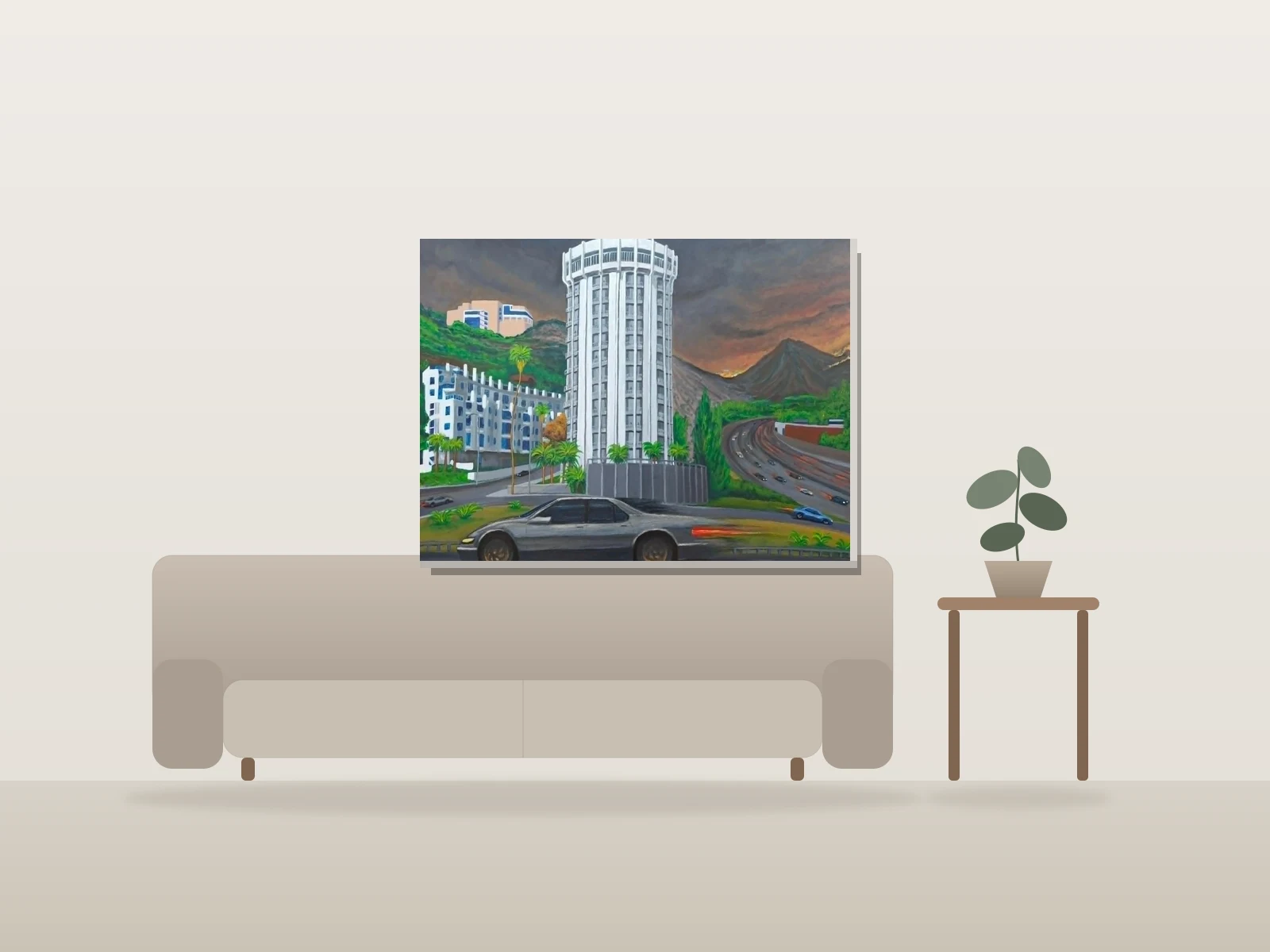 Burning in West L.A by Richard Herrera shown to scale in a room