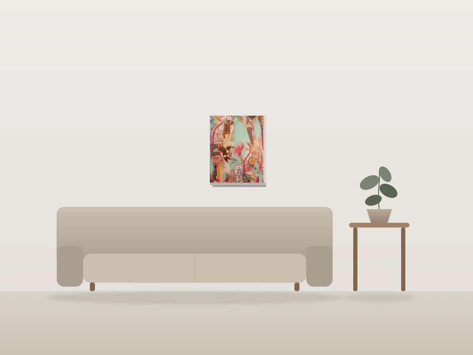Femme au parachute rose by Rachel.F. shown to scale in a room