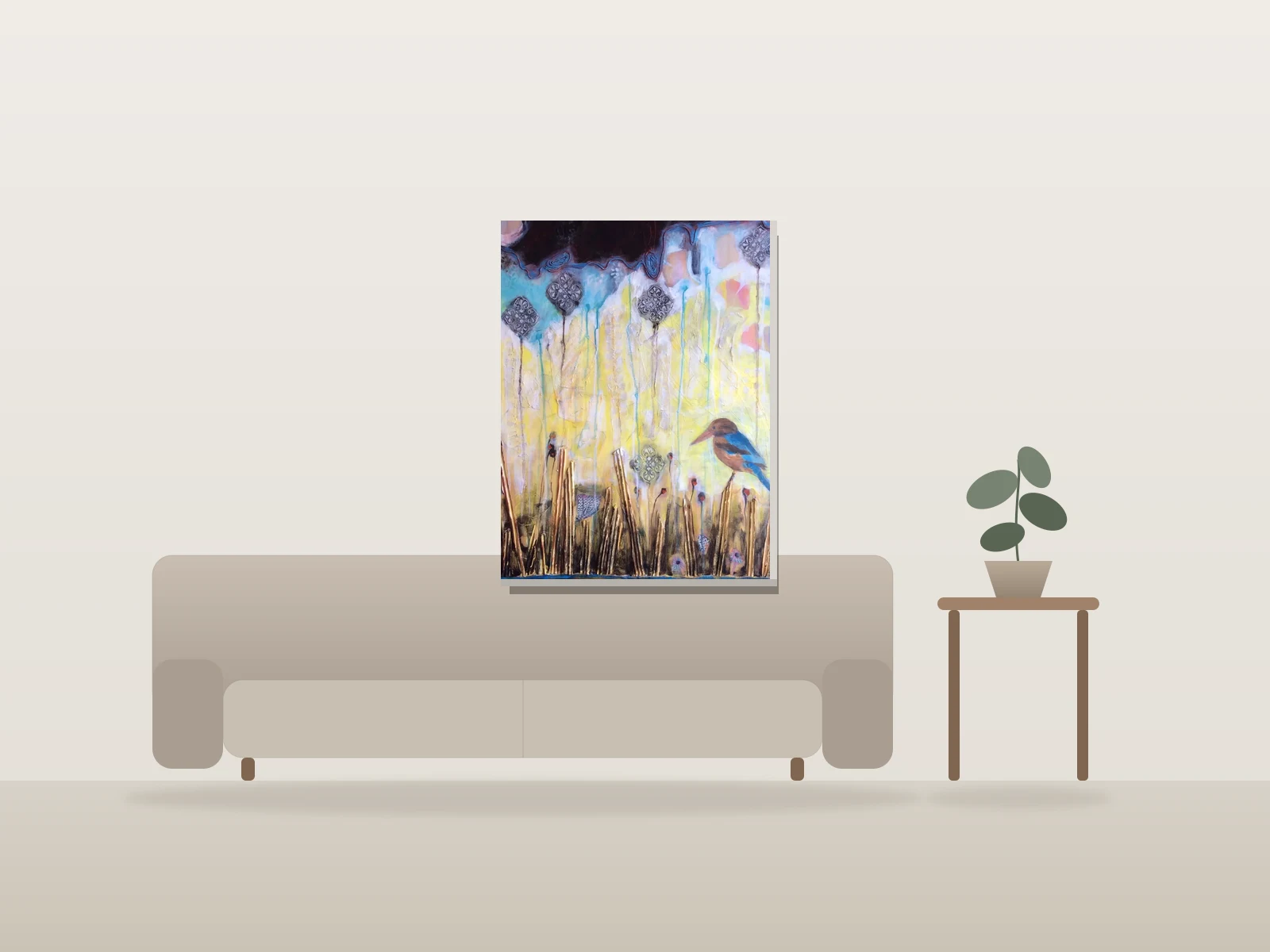 Alcedo by Isa C artiste shown to scale in a room