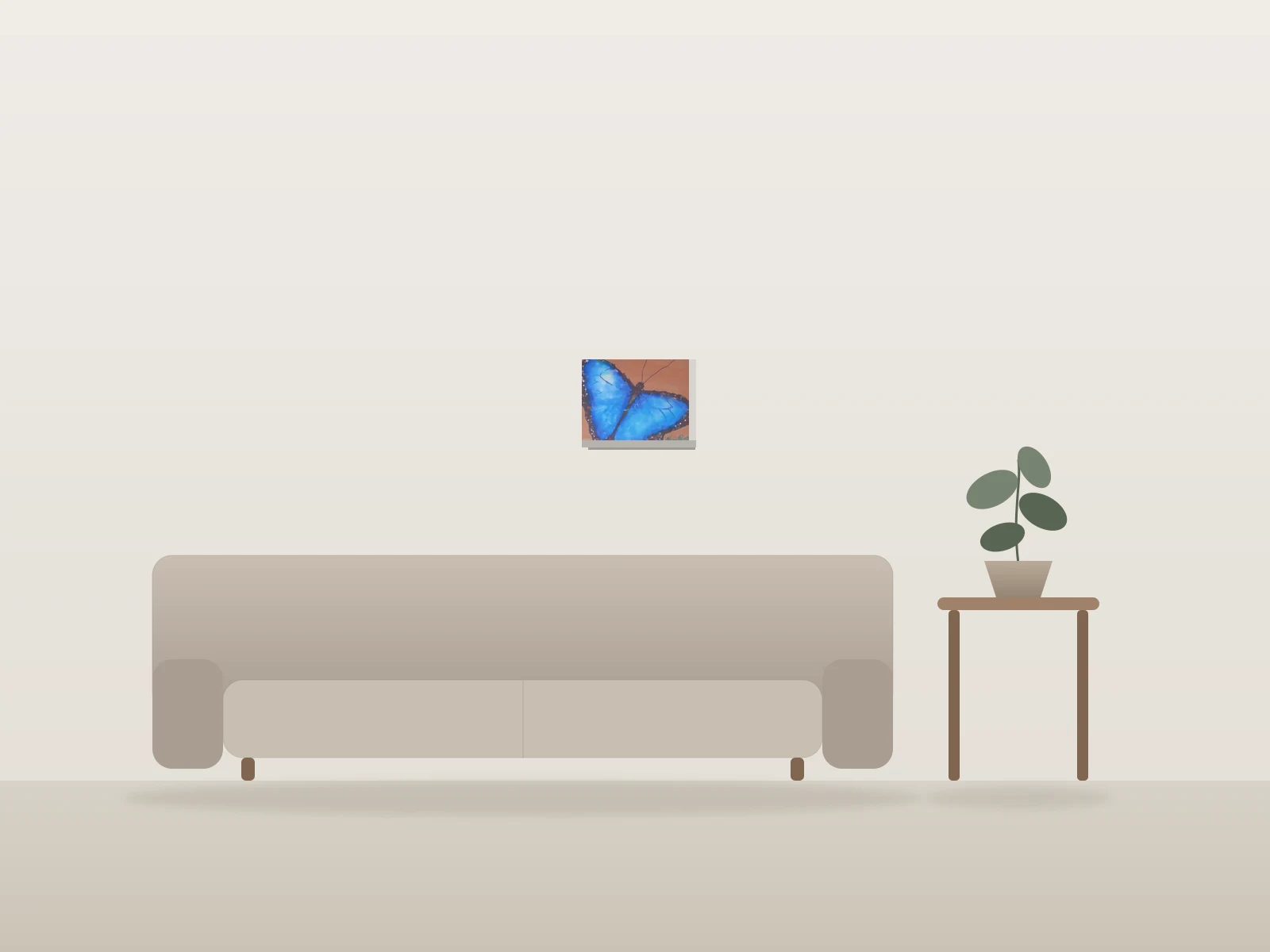 Papillon bleu by Manon Pouliot artiste peintre shown to scale in a room