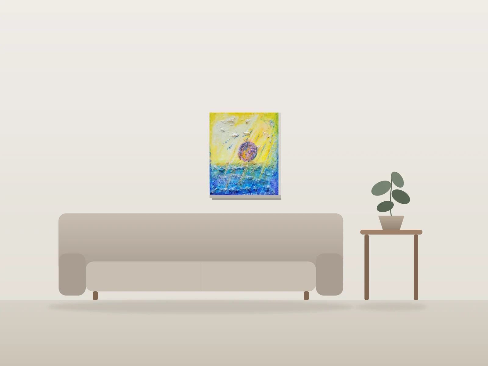 Oiseaux de l'espace par André Bouchard présentée à l'échelle dans une pièce