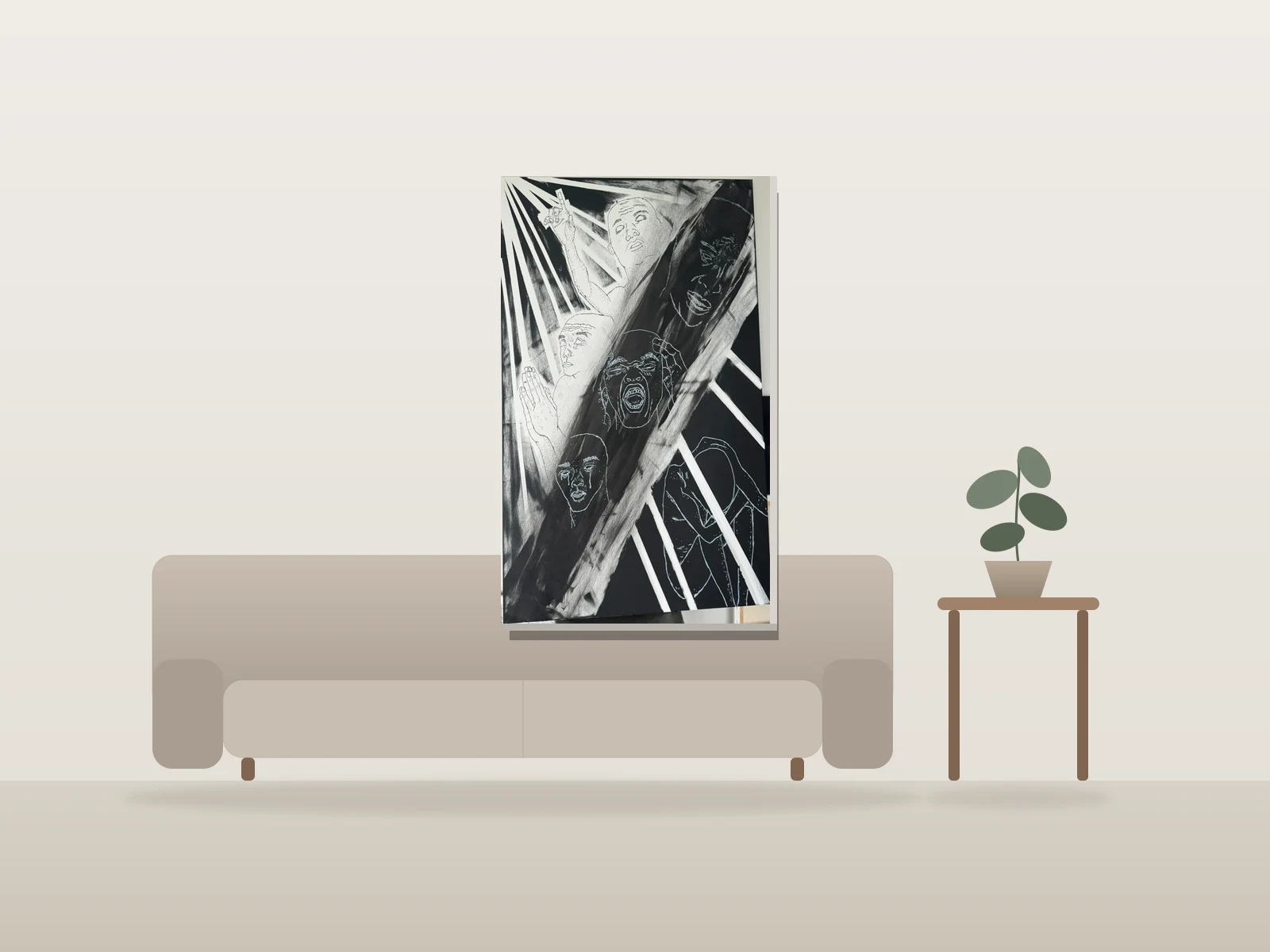 la quete du bonheur by Alistair Edwards shown to scale in a room