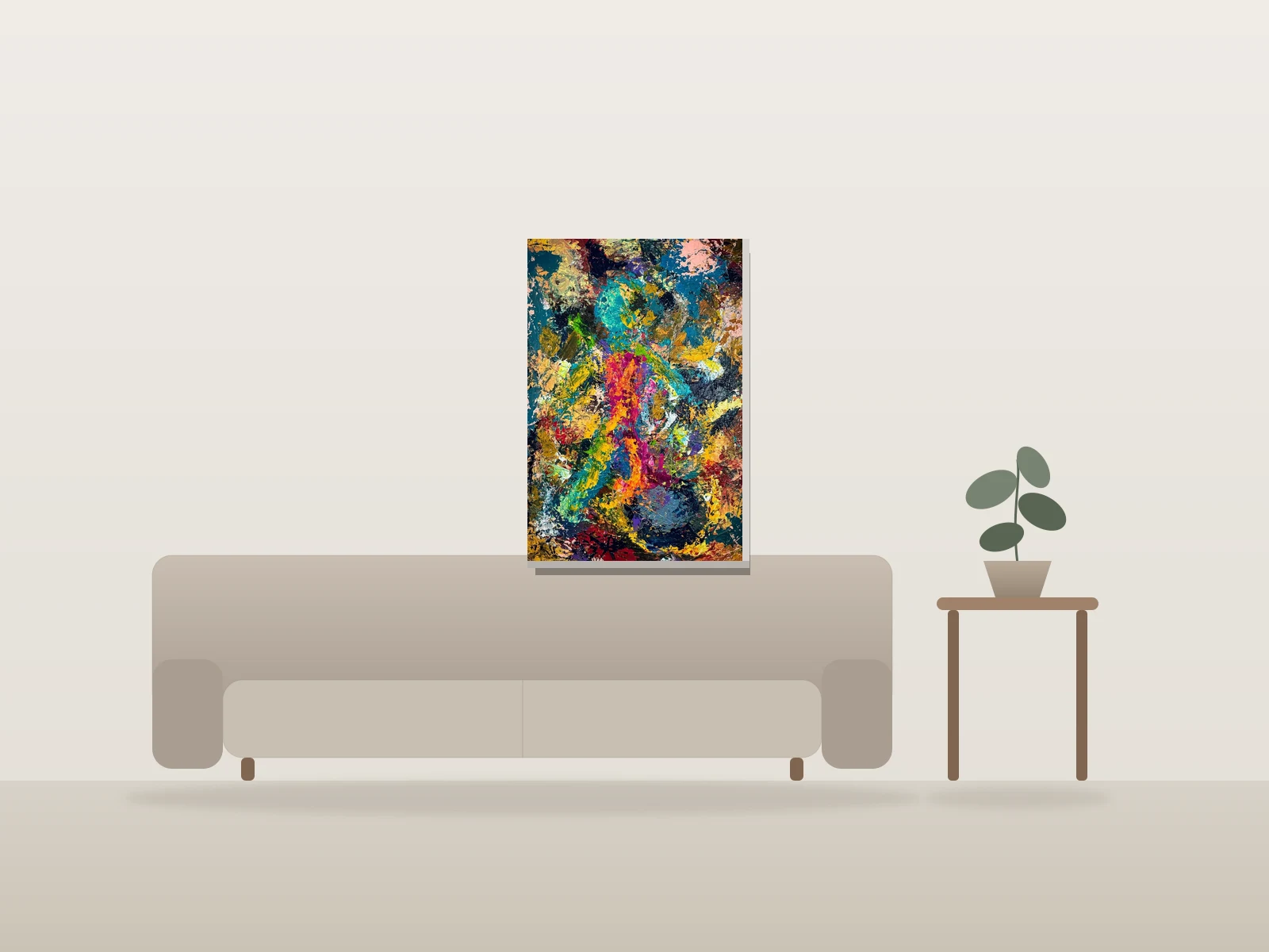 La gravité de la couleur by Voyerart shown to scale in a room