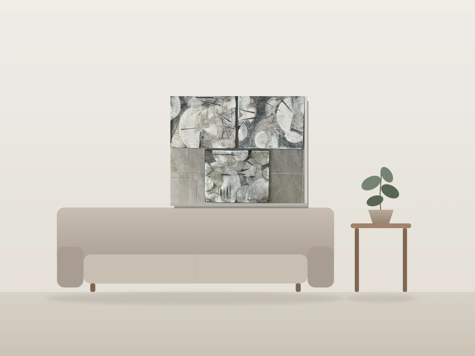 Triptyque C’est toute une musique by Maude Simard shown to scale in a room