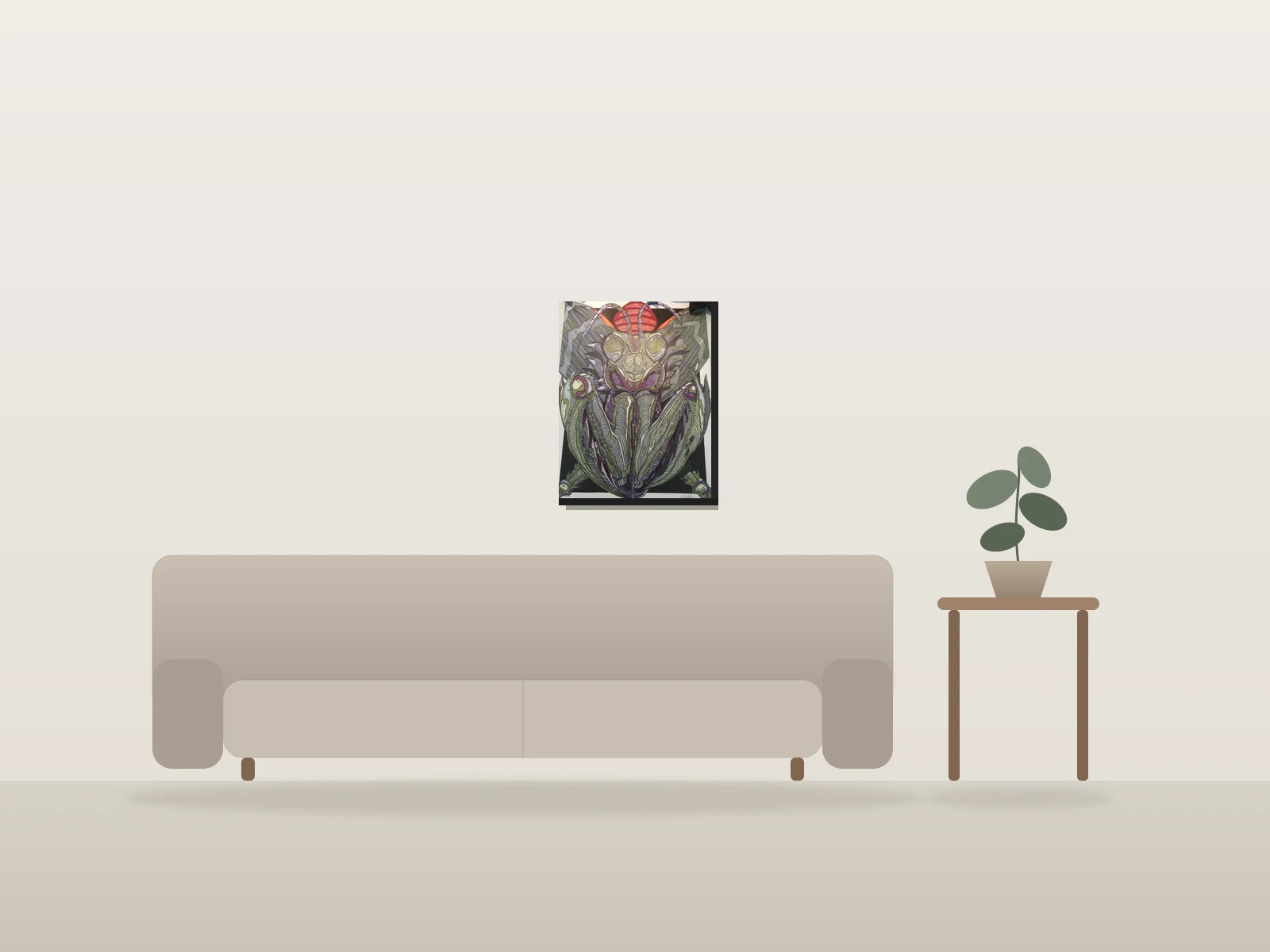 Mantis Religieuse. by Doei shown to scale in a room