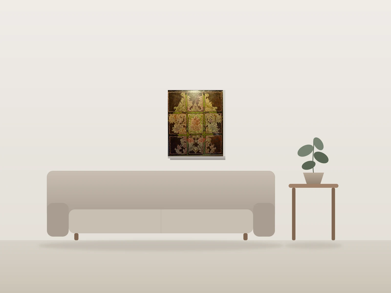Tapisserie. par Doei présentée à l'échelle dans une pièce
