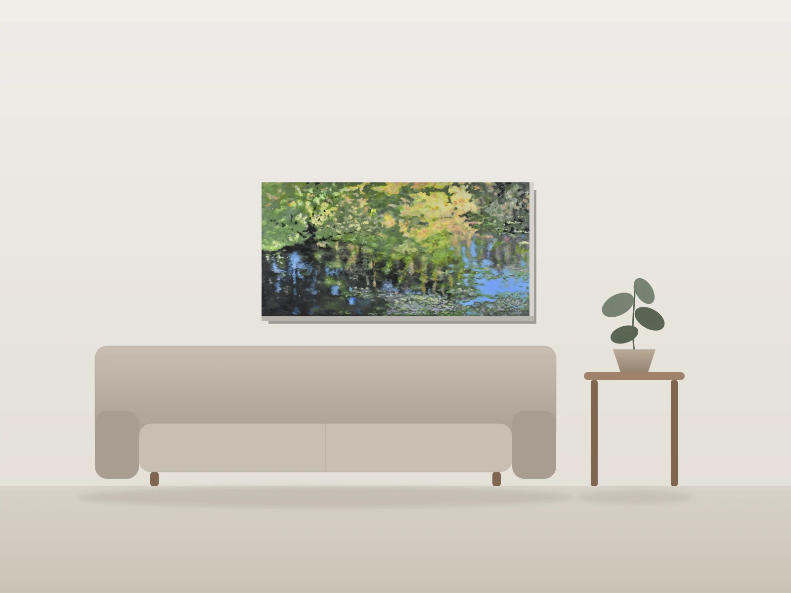 Farm Pond en automne by Richard M Levy shown to scale in a room