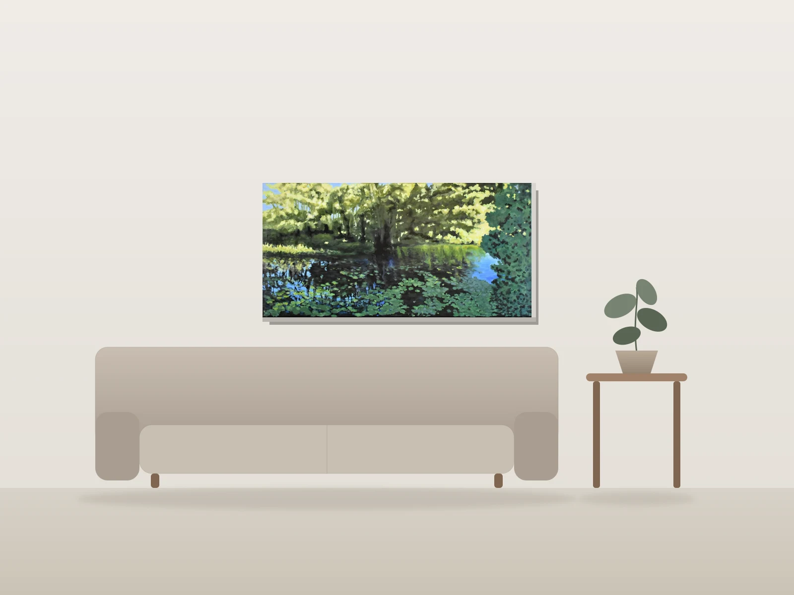 Farm Pond au printemps by Richard M Levy shown to scale in a room