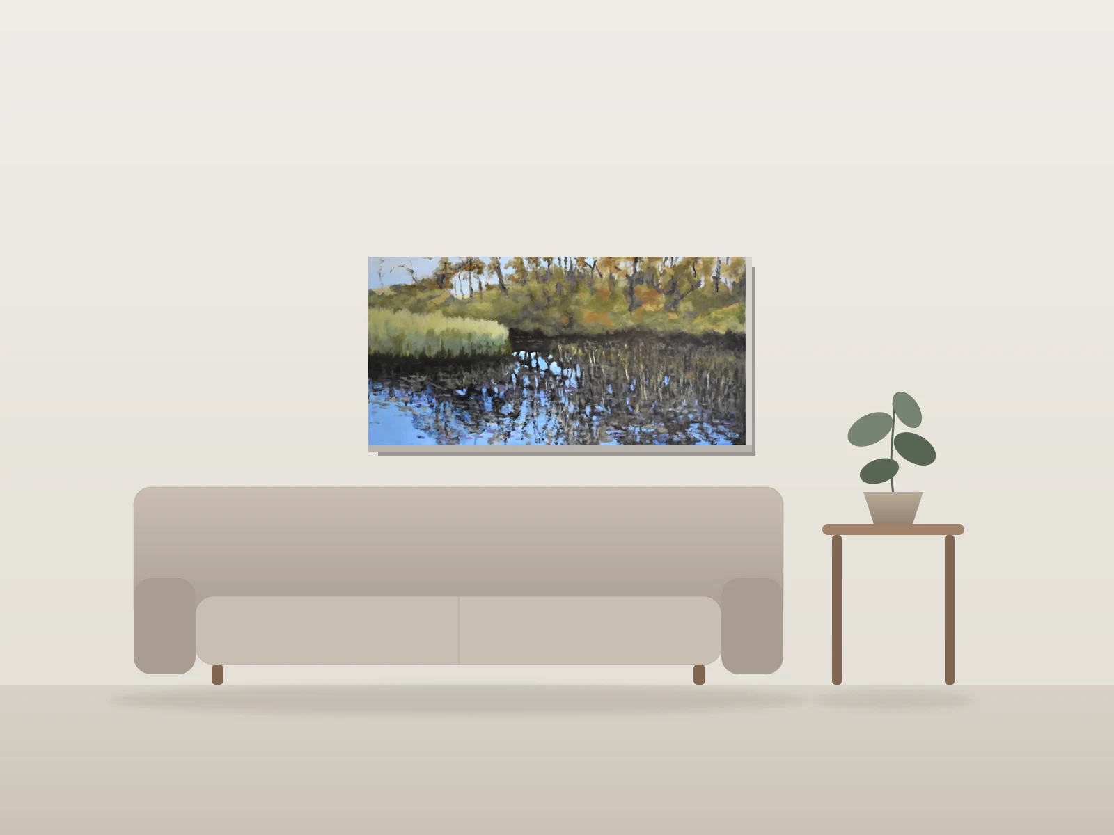 Farm Pond en automne No. 3 par Richard M Levy présentée à l'échelle dans une pièce