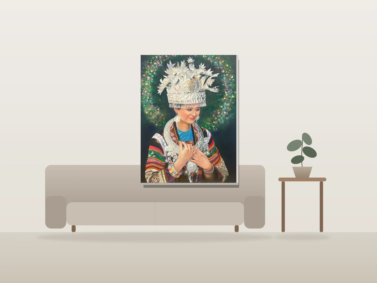 Miao bride • Le Reve du Papillon par Yue Baoyu présentée à l'échelle dans une pièce
