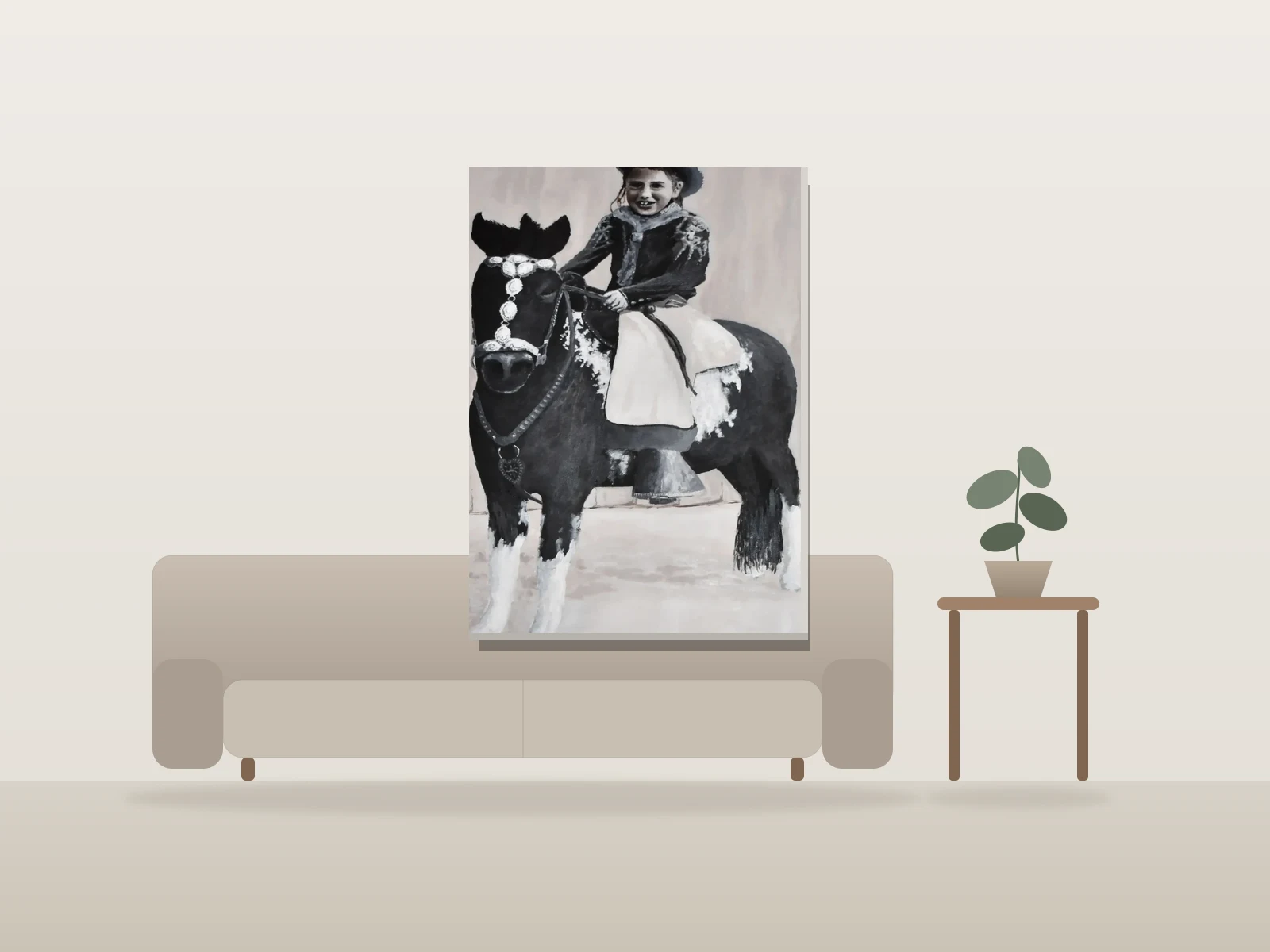 Fille à cheval by Richard M Levy shown to scale in a room