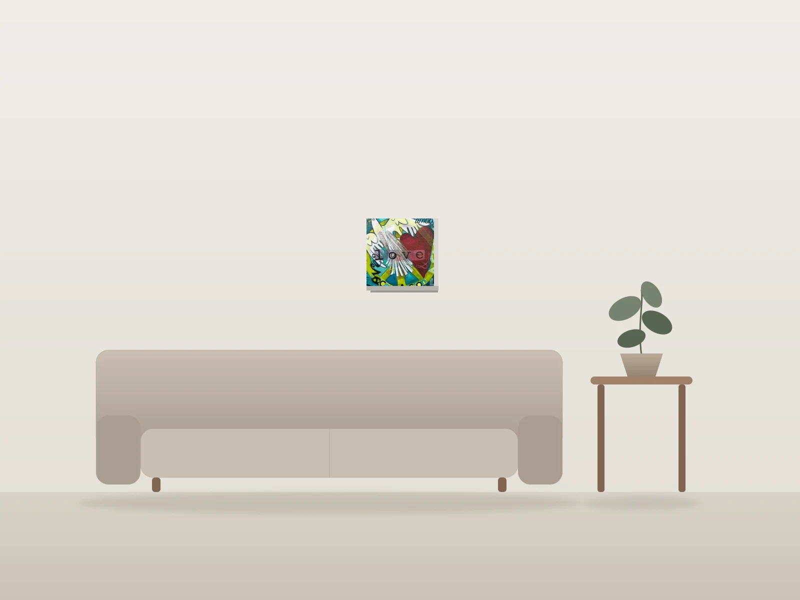 Lovey Dovey by wendy tillett shown to scale in a room