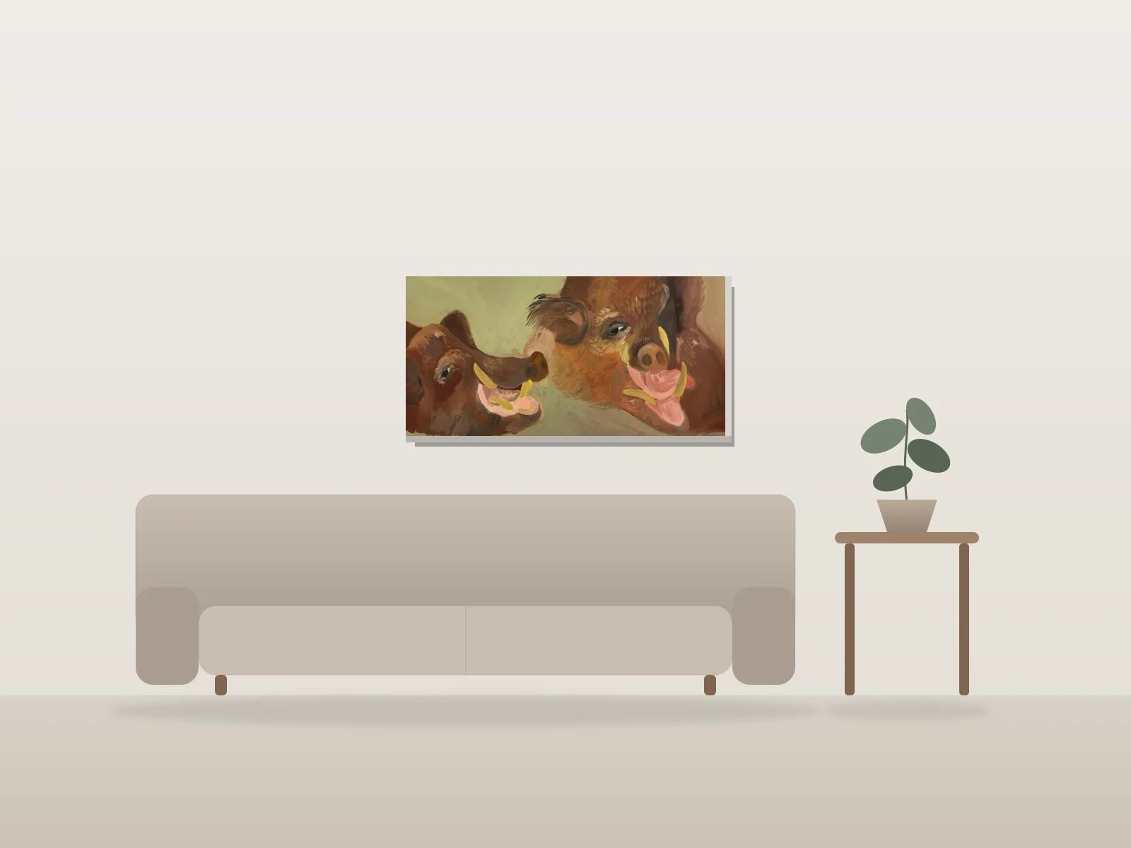 Étude de l’œuvre de Jan Fyt intitulée « Études de la tête d’un sanglier » by Natasha Renaud shown to scale in a room