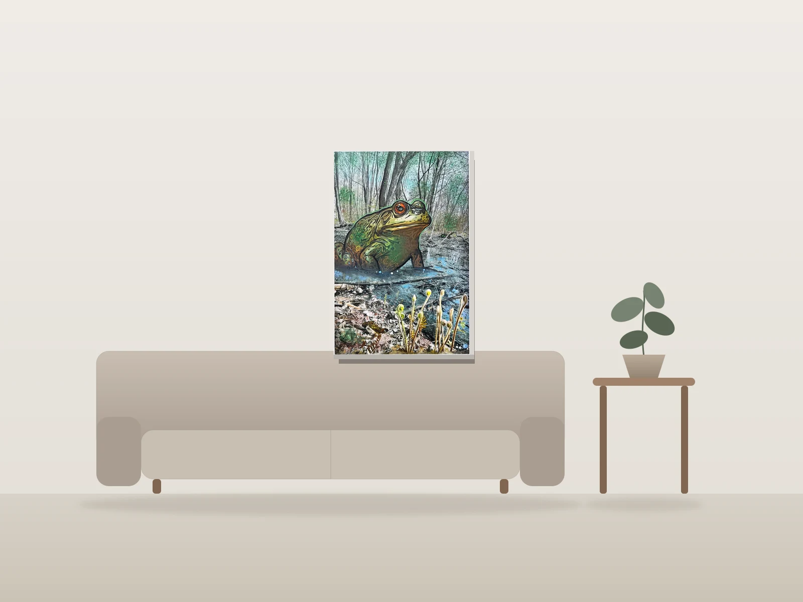 My wetland is Toadally not for sale par Fred Joyal alias Joy présentée à l'échelle dans une pièce