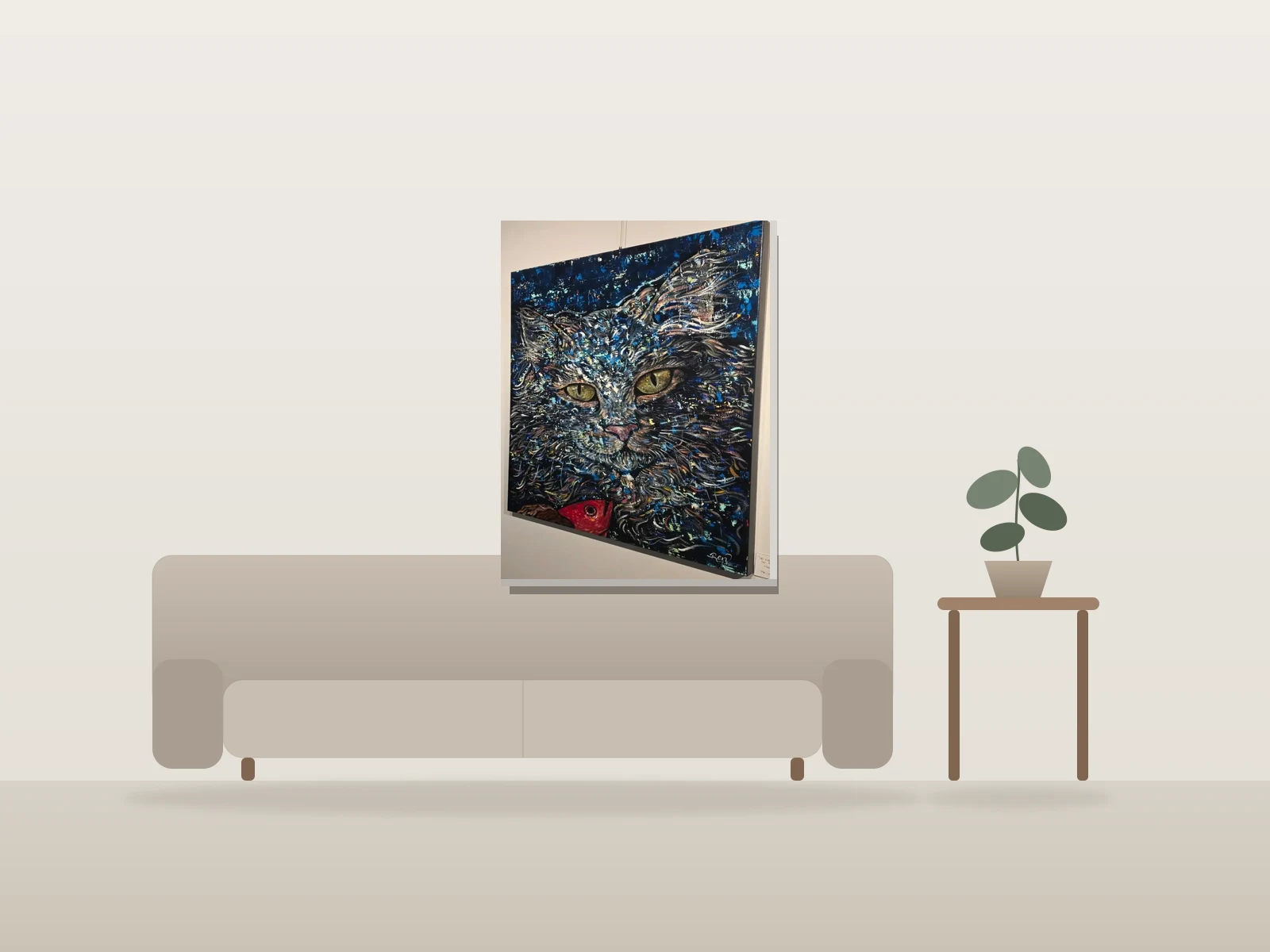 Le chasseur et le poisson rouge by Rene. shown to scale in a room
