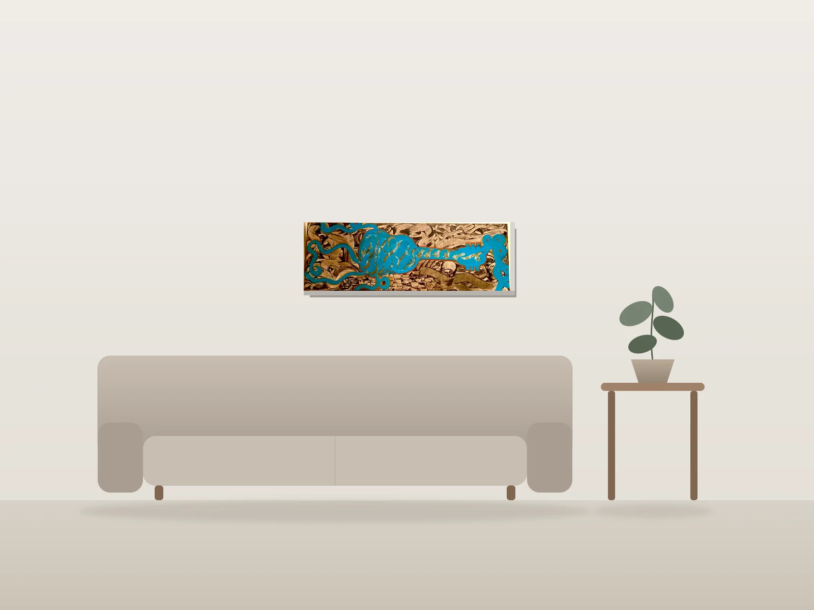 The strings by J. Aaron shown to scale in a room