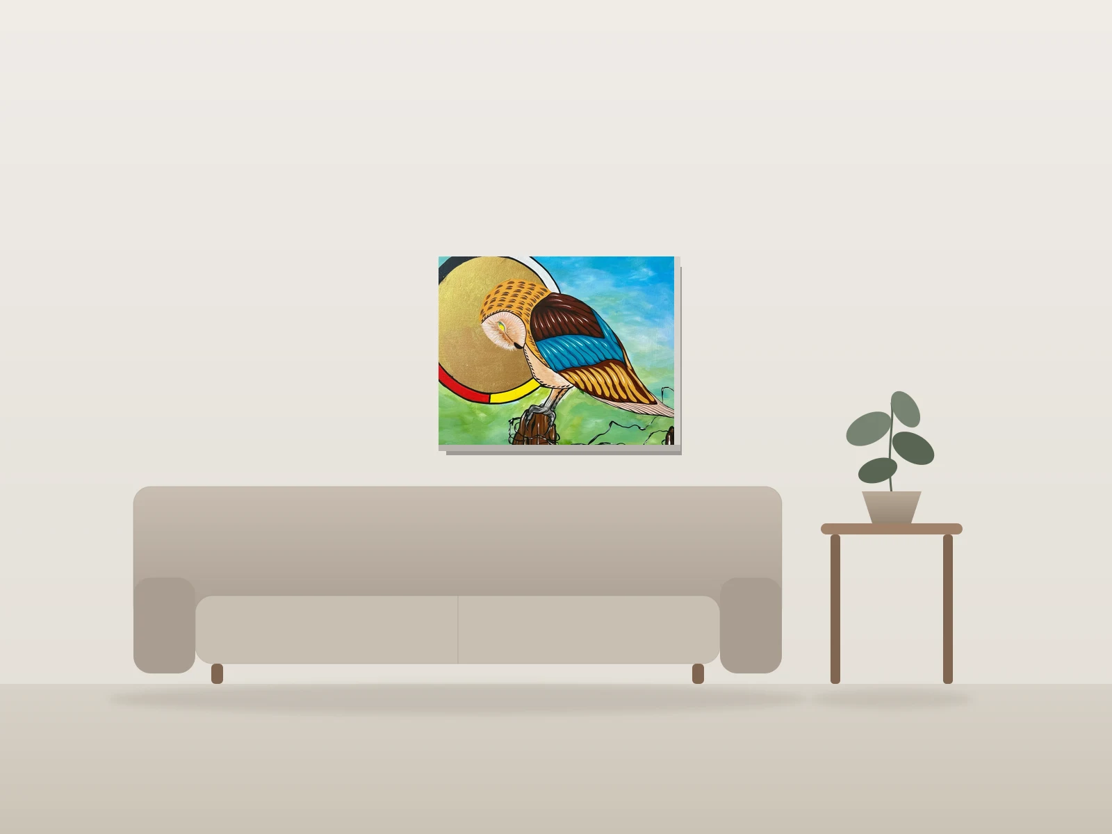 Une pause pour la lune by Angela Wiggins shown to scale in a room