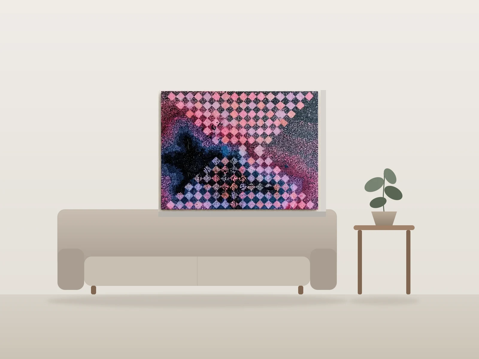 Dark plaid by Madeleine shown to scale in a room