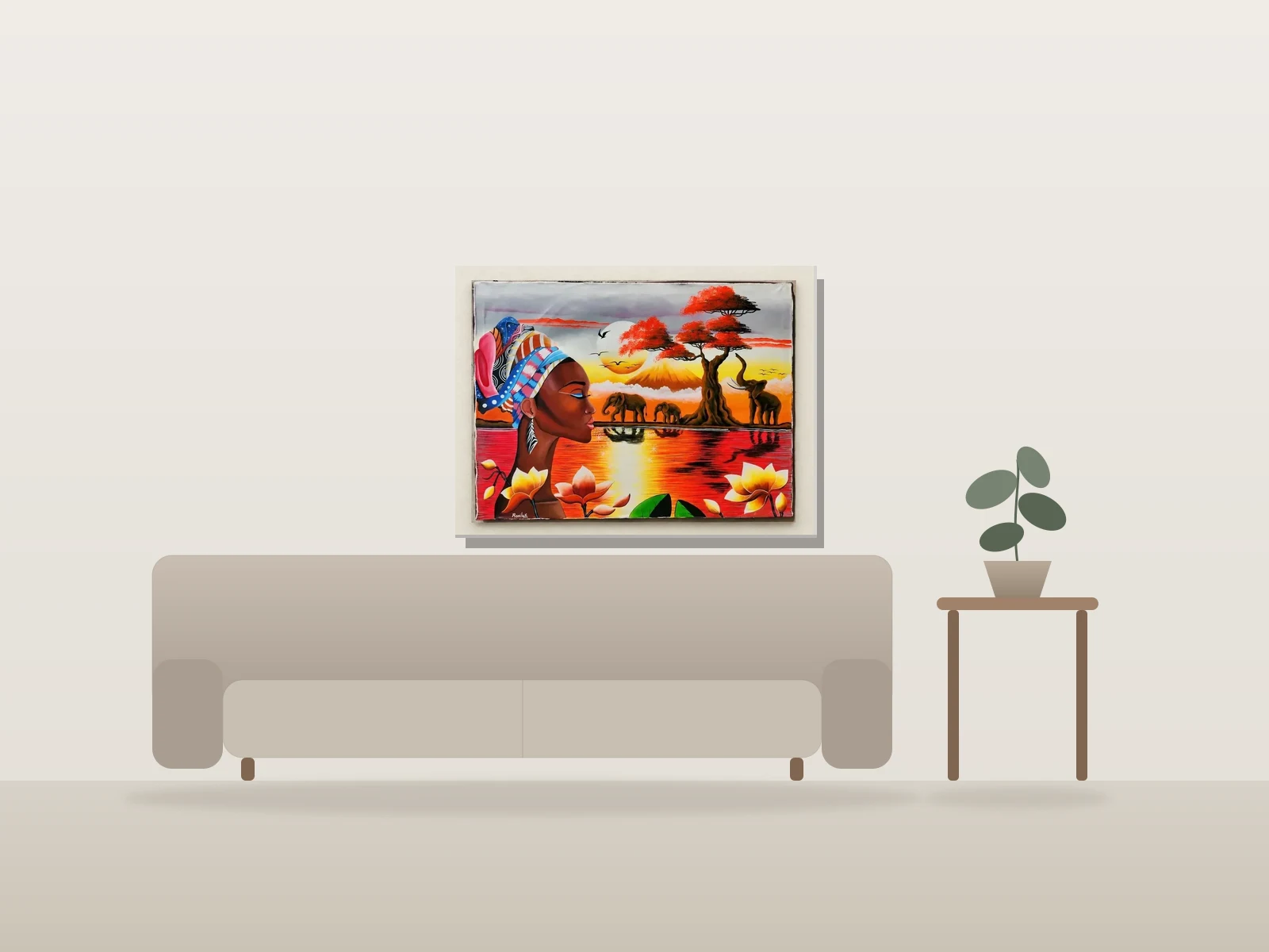 Crépuscule du Séréngeti by Yvenet Romilus shown to scale in a room