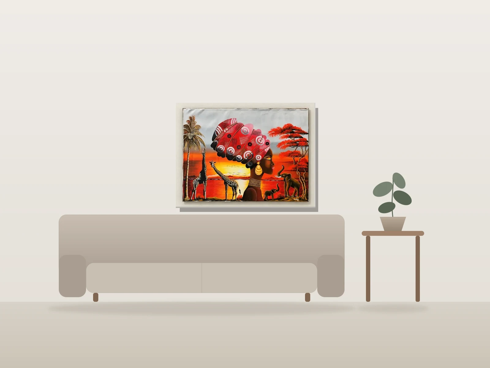 Reine de la Savane by Yvenet Romilus shown to scale in a room