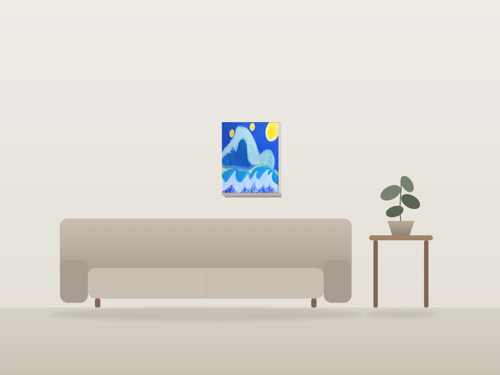 L'Éveil de la gande vague/The awakening of the great wave by Yola A. shown to scale in a room