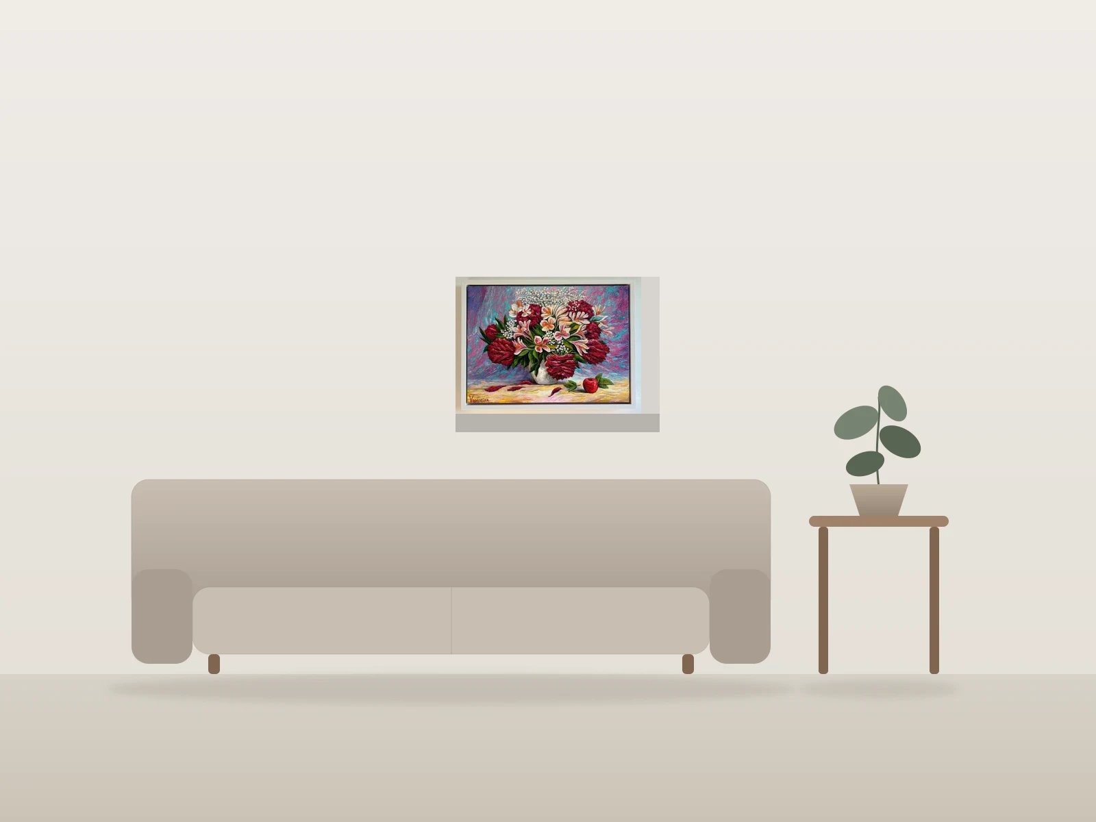 Vodniciar Vladimir «Vibrant Bouquet de Fleurs» — 45x61cm huile sur toile 2014-2026 by Vodniciar Art Works shown to scale in a room
