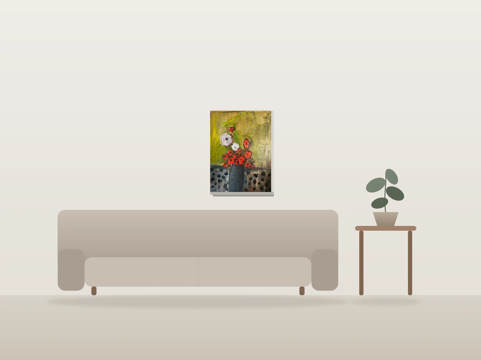 Abstract Floral Red par Lulu Gibler Art présentée à l'échelle dans une pièce