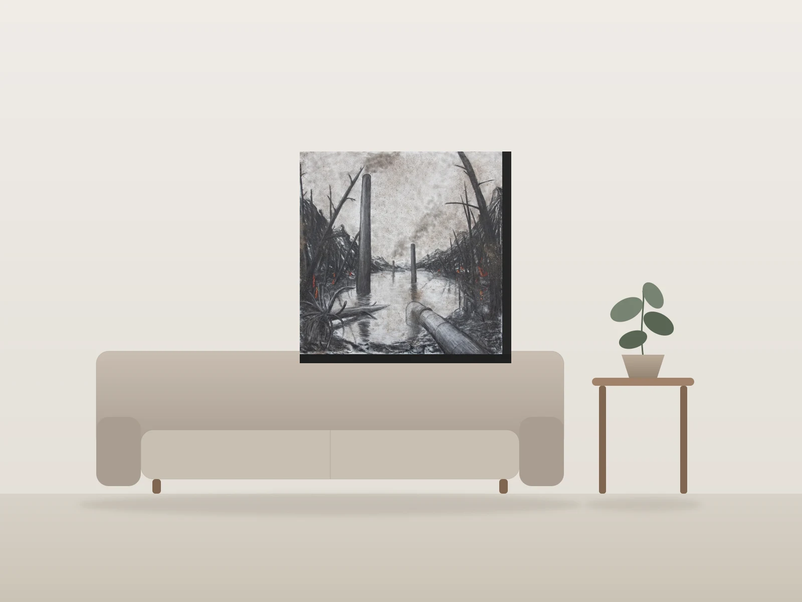 Mémoires de cendres VIII by Sylvain Thérien shown to scale in a room